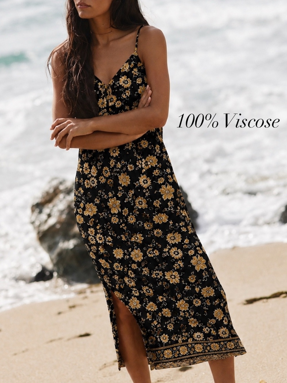 Black and floral print midi spegetti strap dress 100% viscose